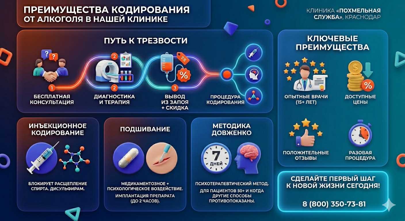 Инфографика о методах кодирования от алкоголя в Краснозаводске: инъекции, подшивание, метод Довженко. Преимущества клиники и этапы лечения.